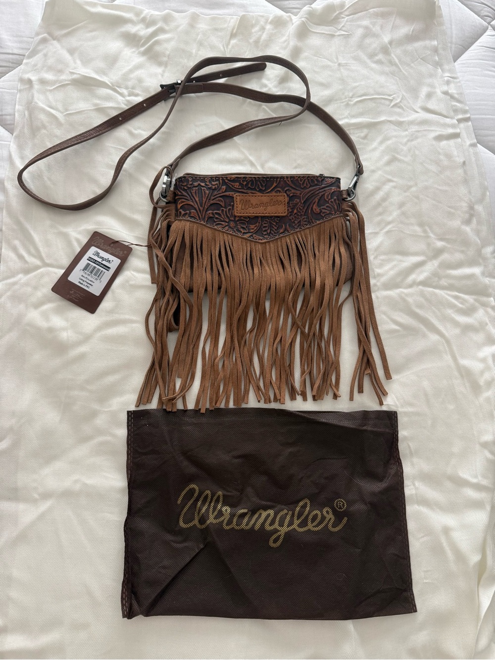 NWT Wrangler Tooled Western Fringe Crossbody Bag Oakwood Brown Concealed Carry